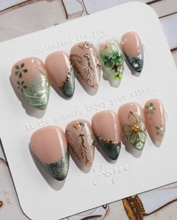 Fairyland - Jetlag Garden nails in short stiletto — Forest Dark Green, Hand-painted