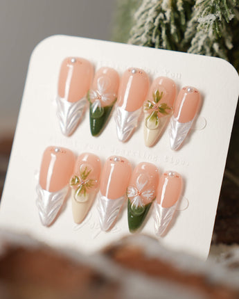 Duchess Olive press-on nails with olive green accents, 3D florals, and glossy finish