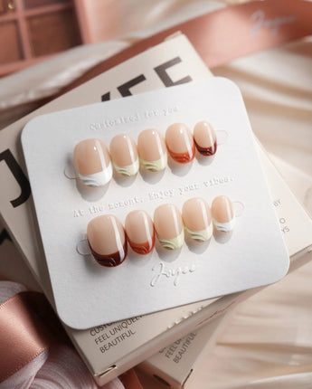 Fall Palette extra short oval press-on nails with mixed autumn colors and fall-inspired gel details