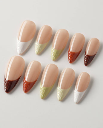 Fall Palette in medium stiletto shape with autumn color mix and raised French tip design