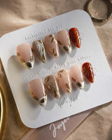 Falling leaves press-on nails with autumn caramel color, 3D gold leaf accents and vines