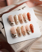Falling leaves medium coffin press-on nails with fall-inspired handmade nail art