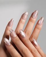 Falling Sakura-Gold press-on nails with aurora champagne pink shimmer and gold petal accents
