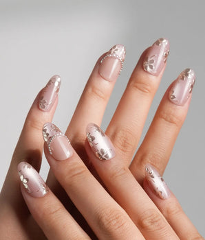 Falling Sakura-Gold press-on nails — Aurora Champagne Pink, Hand-painted