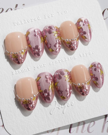 Falling Sakura press-on nails in extra short almond shape — Elegant Rosy Mauve, Hand-painted Blooms & Pearls.