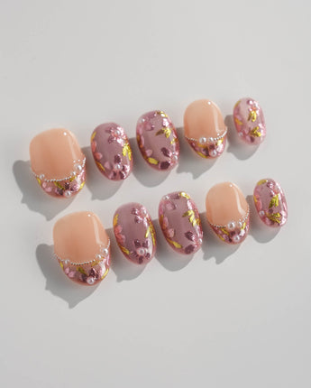 Falling Sakura press-on nails in extra short oval shape — Elegant Rosy Mauve, Hand-painted Blooms & Pearls.