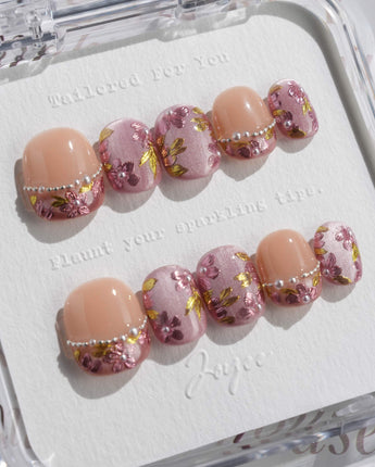 Falling Sakura press-on nails in extra short squoval shape — Elegant Rosy Mauve, Hand-painted Blooms & Pearls.