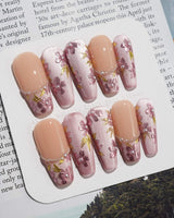 Falling Sakura press-on nails in long coffin shape — Elegant Rosy Mauve, Hand-painted Blooms & Pearls.