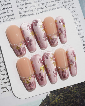 Falling Sakura press-on nails in long coffin shape — Elegant Rosy Mauve, Hand-painted Blooms & Pearls.
