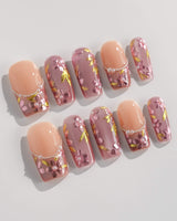 Falling Sakura press-on nails in medium square shape — Elegant Rosy Mauve, Hand-painted Blooms & Pearls.