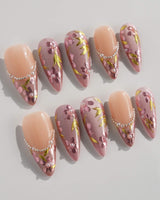 Falling Sakura press-on nails in medium stiletto shape — Elegant Rosy Mauve, Hand-painted Blooms & Pearls.