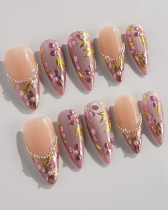 Falling Sakura press-on nails in medium stiletto shape — Elegant Rosy Mauve, Hand-painted Blooms & Pearls.