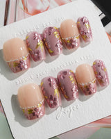 Falling Sakura press-on nails in short coffin shape — Elegant Rosy Mauve, Hand-painted Blooms & Pearls.