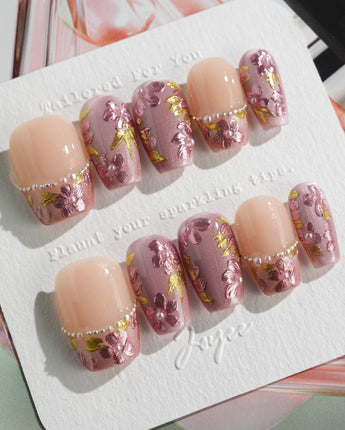 Falling Sakura press-on nails in short coffin shape — Elegant Rosy Mauve, Hand-painted Blooms & Pearls.