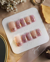 Falling Sakura press-on nails in short square shape — Elegant Rosy Mauve, Hand-painted Blooms & Pearls.