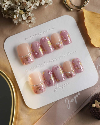 Falling Sakura press-on nails in short square shape — Elegant Rosy Mauve, Hand-painted Blooms & Pearls.