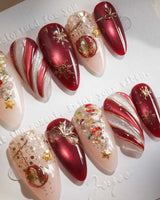 Ruby Night nail art close-up showing Glitzy Red & Gold Christmas, 3D Cat-eye Swirls & Glitter Christmas Trees. details