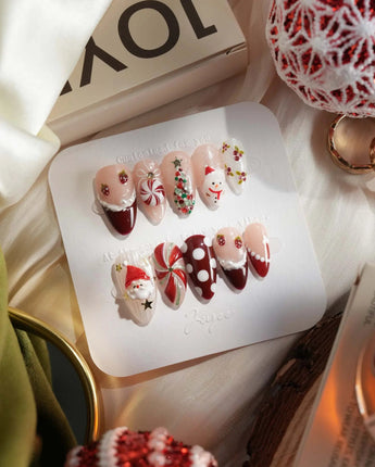 Holiday Party nail art close-up showing pearl nude cat eye snowflake bow silver glitter soft sheen details