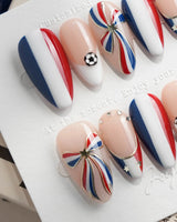 FIFA France handmade nails with French tricolor stripes and 3D soccer ball charms
