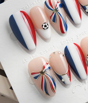 FIFA France handmade nails with French tricolor stripes and 3D soccer ball charms