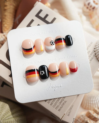 FIFA Germany extra short squoval press-ons with tricolor World Cup nail art
