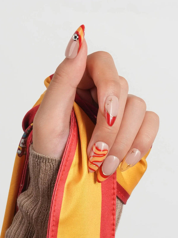 FIFA Spain short almond press-on nails with red and gold soccer French tips