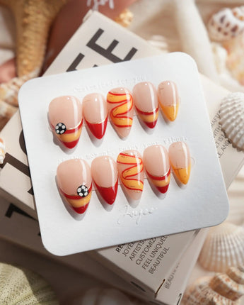 FIFA Spain short stiletto nails with sporty red gold soccer nail art