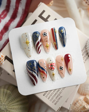 FIFA USA custom size press-ons with American flag heart charm and gold chrome accents