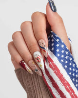FIFA USA match day nails with hand-painted red blue stripes and 3D soccer balls