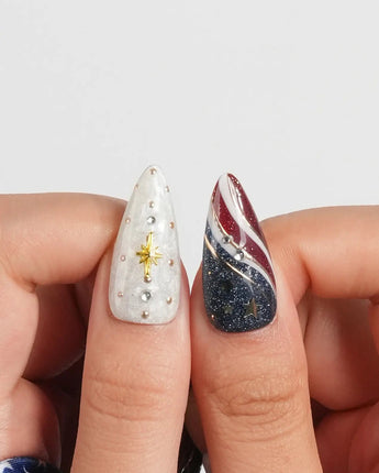 FIFA USA maximalist patriotic nails with glitter stars, soccer charms, and USA lettering