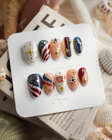 FIFA USA extra short almond press-ons with patriotic soccer nail art