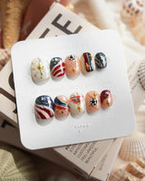 FIFA USA extra short squoval nails with red white blue stars and soccer accents