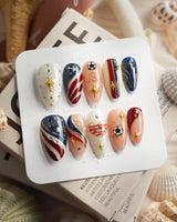 FIFA USA medium almond nails with stars and stripes World Cup 2026 design