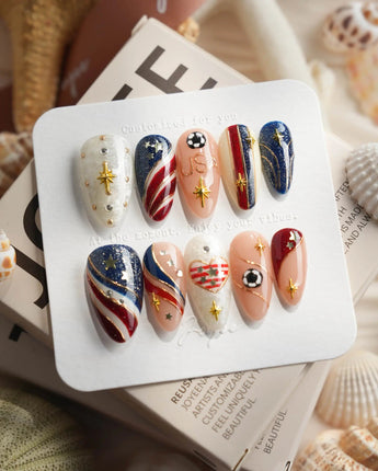 FIFA USA medium almond nails with stars and stripes World Cup 2026 design