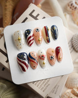 FIFA USA short almond nails with American flag colors and game day soccer details