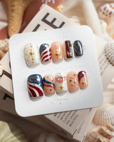 FIFA USA short square press-ons with stars, stripes, and World Cup soccer nail art