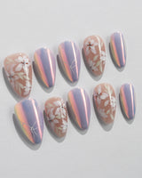 Flower Sea press-on nail set —  Lavender chrome and Hand-painted White Florals design, hand-painted with real gel polish