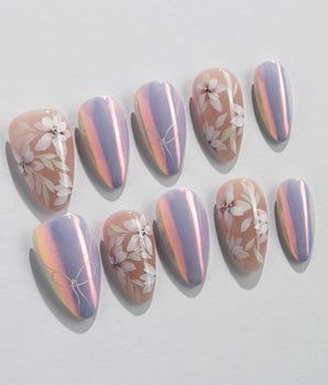 Flower Sea press-on nail set —  Lavender chrome and Hand-painted White Florals design, hand-painted with real gel polish