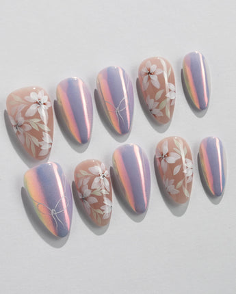 Flower Sea press-on nail set —  Lavender chrome and Hand-painted White Florals design, hand-painted with real gel polish