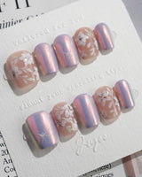 Flower Sea press-on nails in extra short coffin shape —  Lavender chrome and Hand-painted White Florals