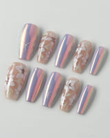 Flower Sea press-on nails in medium coffin shape —  Lavender chrome and Hand-painted White Florals