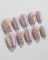 Flower Sea press-on nails in short coffin shape —  Lavender chrome and Hand-painted White Florals