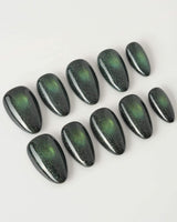Forest Green Chase press-on nails in extra short almond shape — Forest green cat eye