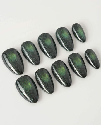 Forest Green Chase press-on nails in extra short almond shape — Forest green cat eye