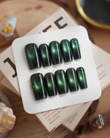 Forest Green Chase press-on nails in medium square shape — Forest green cat eye