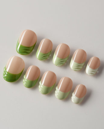 Forest Layers press-on nails in extra short oval shape — Nude Pink & Green, 3D Textured French.
