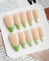 Forest Layers press-on nails in medium stiletto shape — Nude Pink & Green, 3D Textured French.