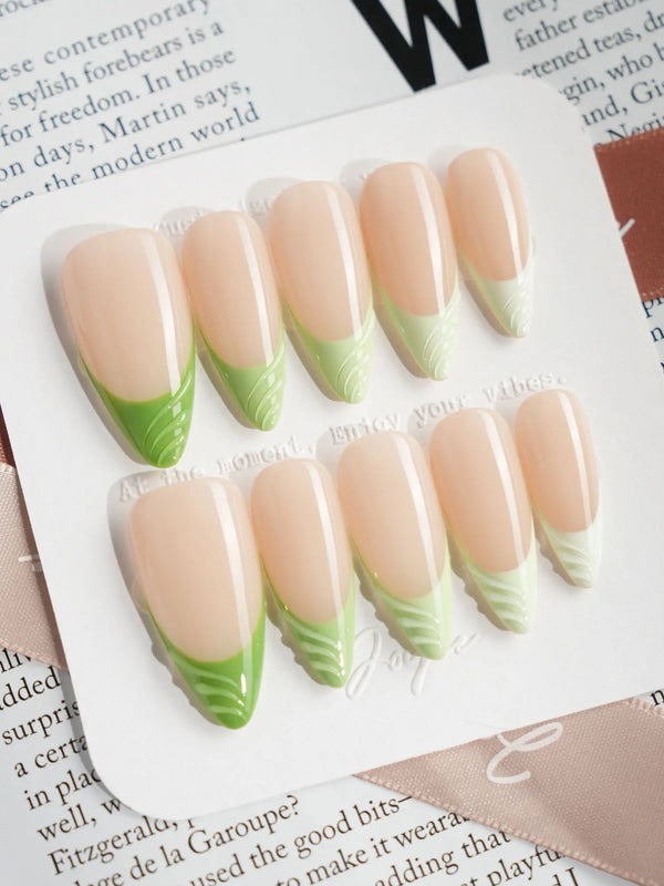 Forest Layers press-on nails in medium stiletto shape — Nude Pink & Green, 3D Textured French.