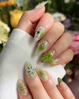 FourLeaf - Rebel Clover handmade press-on nails featuring Fresh Matcha Green, 3D Clovers & Bows.