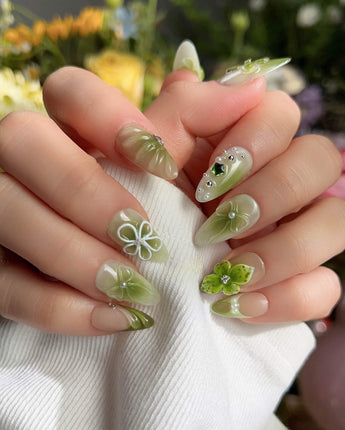 FourLeaf - Rebel Clover press-on nails — Fresh Matcha Green, 3D Clovers & Bows. handmade nail art by Joyee Nails